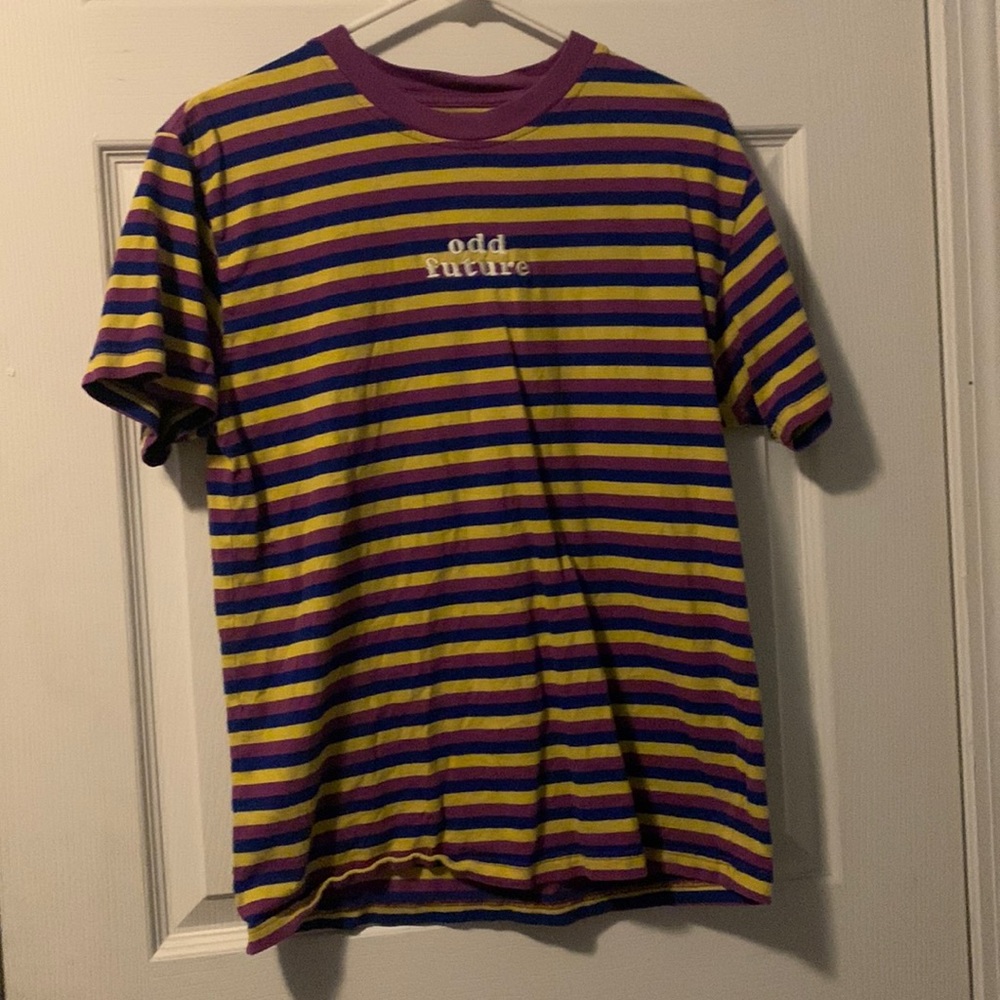 purple yellow and blue odd future shirt in size M